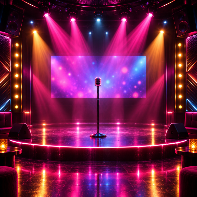 A concert stage lit by violet and blue spotlights